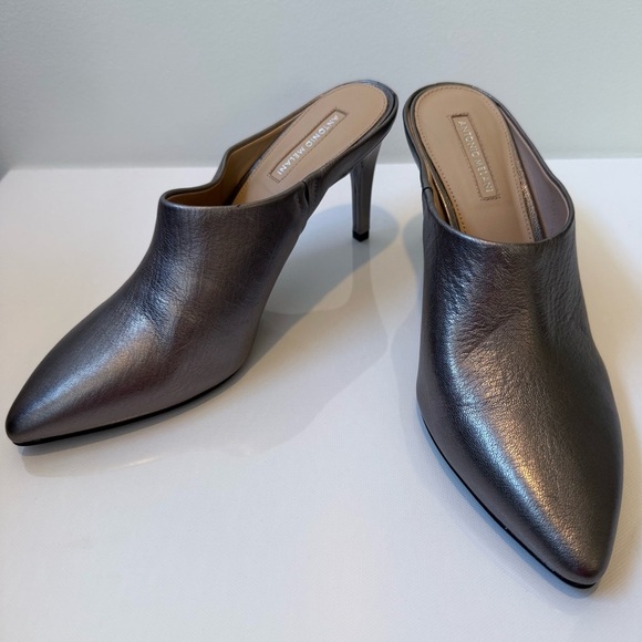 ANTONIO MELANI Silver Pewter Leather Pointed Mule Heels 7.5 - Picture 3 of 12